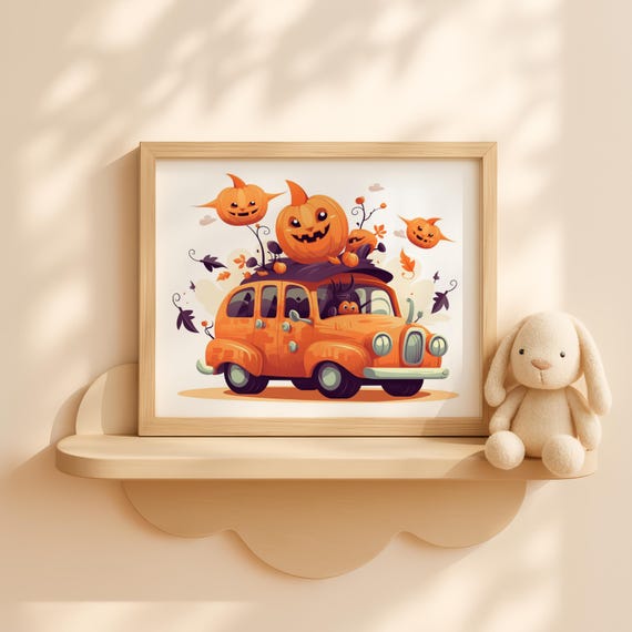 Nursery Pumpkin Car With Witch Design Wall Art Baby Room Halloween Decor Toddler Spooky Vehicle Poster Fall