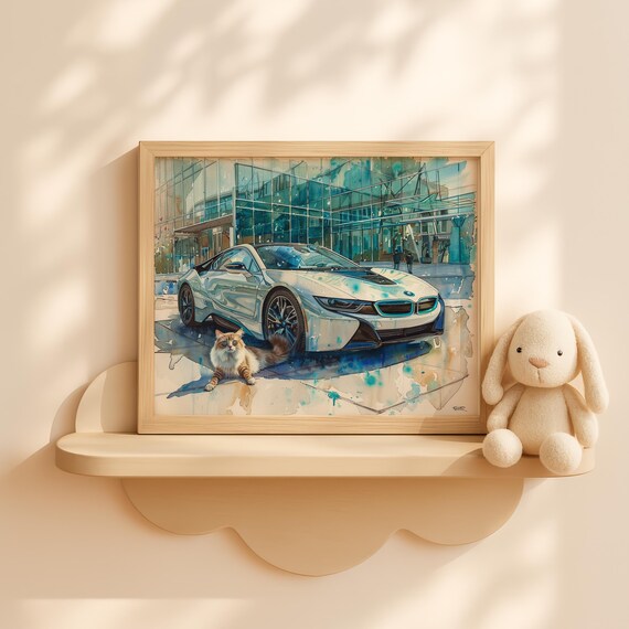 Baby Boy with Dog and Silver BMW i8 Watercolor Nursery Art Poster
