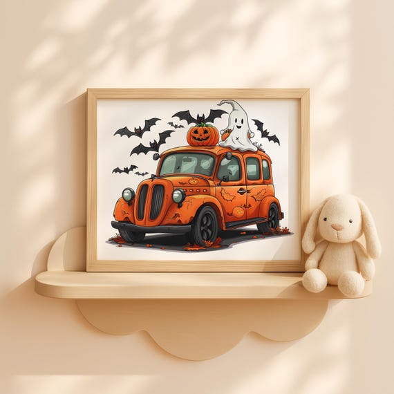 Orange Halloween Car With Ghosts And Flying Bats Wall Art Spooky Kidfriendly Fall Decor For
