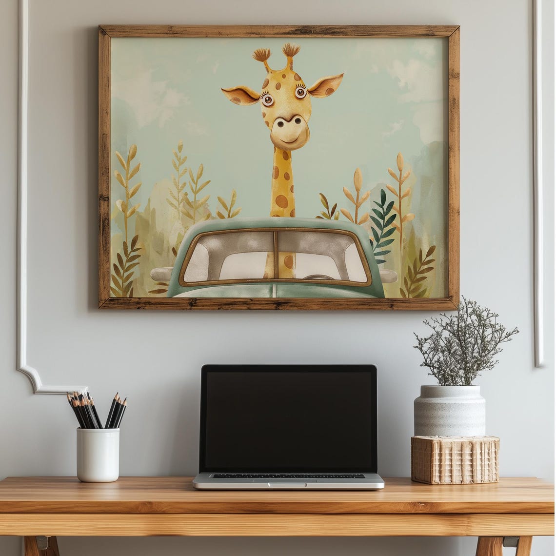 Giraffe In Green Car Print Safari Nursery Art