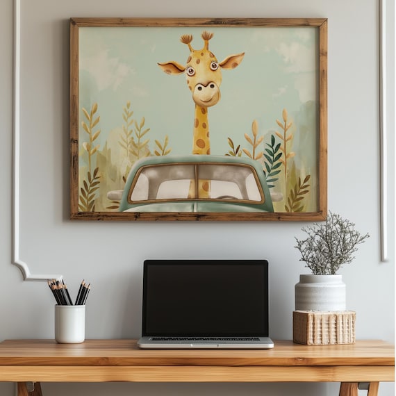 Giraffe Driving Vintage Car Safari Nursery Animal Art Poster