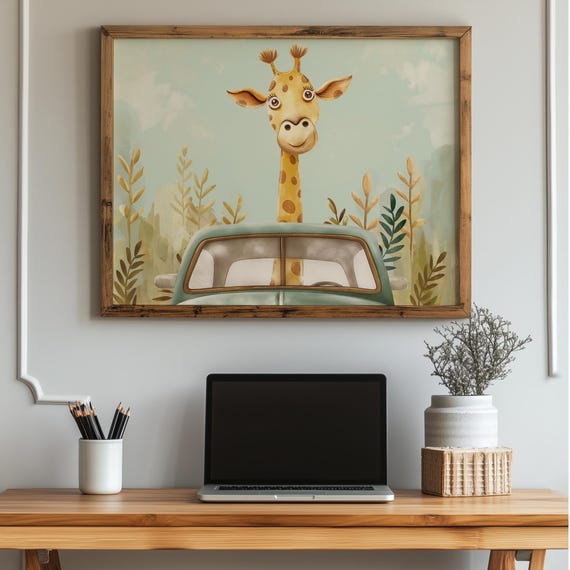 Giraffe In Green Car Print Safari Nursery Art