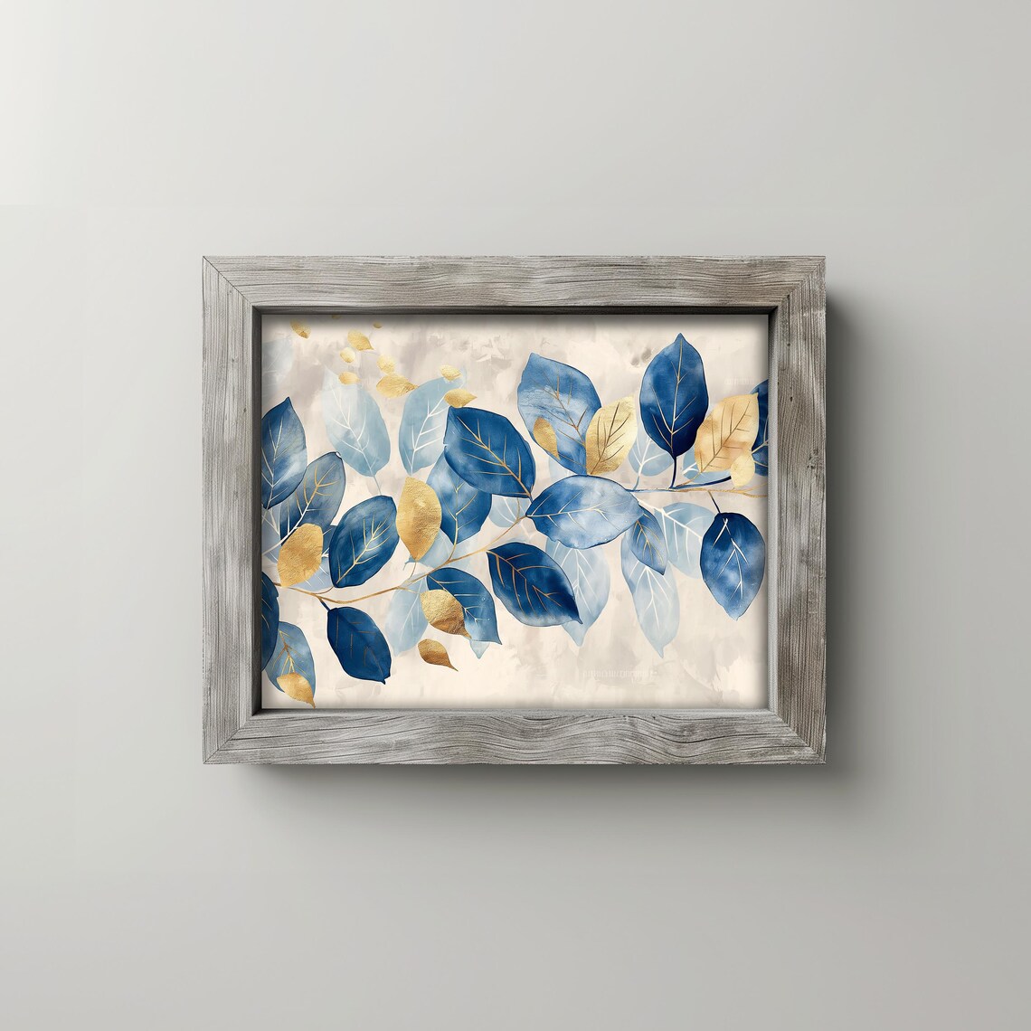 Abstract Blue Leaves With Soft Gold Accents Modern Botanical Wall Art Elegant Fall Foliage Painting Decor