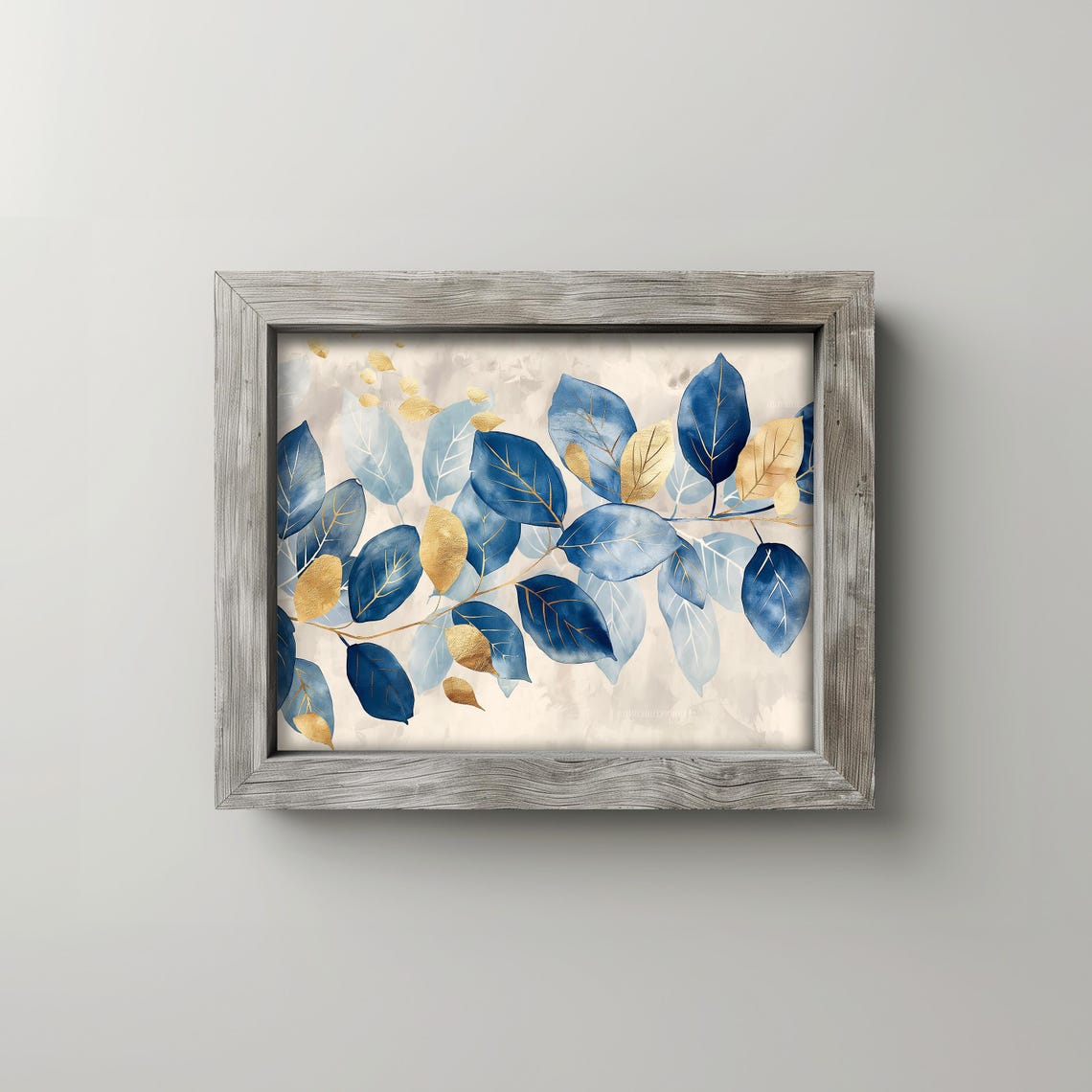 Blue And Gold Leaves Watercolor Modern Botanical Abstract Print