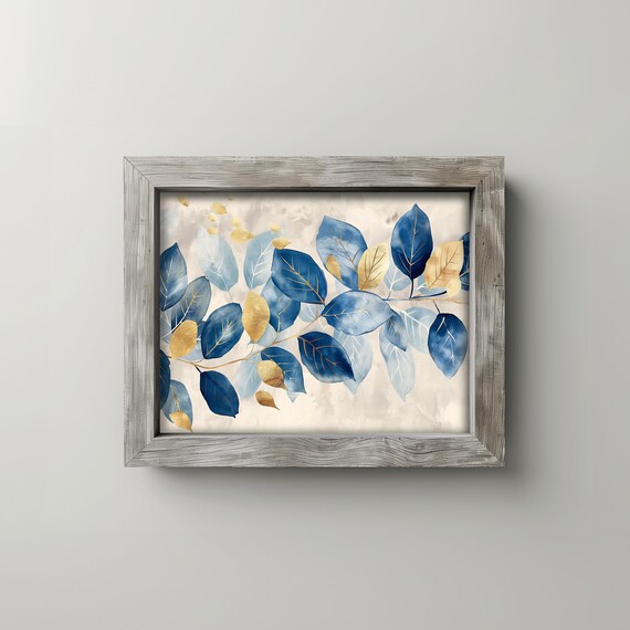 Abstract Blue Leaves With Soft Gold Accents Modern Botanical Wall Art Elegant Fall Foliage Painting Decor