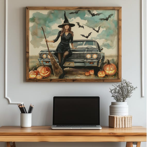 Stylish Witch With Broom Pumpkin Car Halloween Wall Art Fall Country Autumn Home Decor