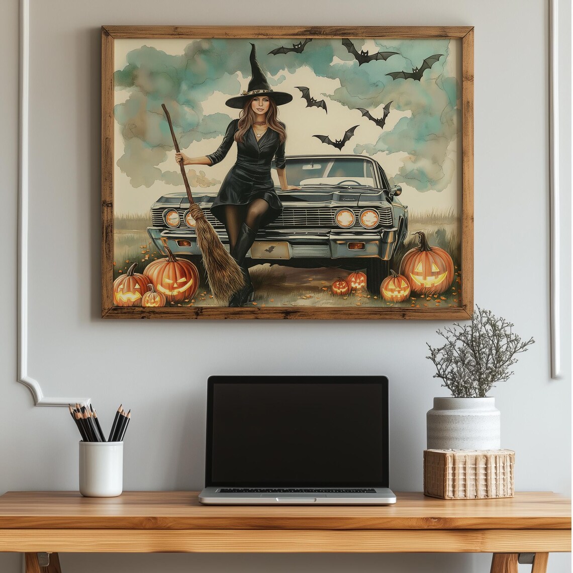 Stylish Witch With Broom Vintage Car Pumpkin Halloween Poster