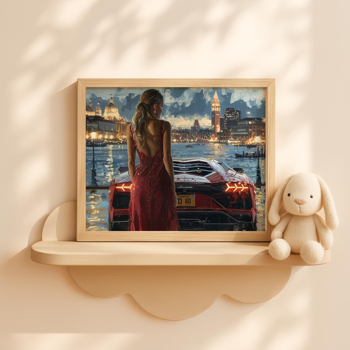 Girl in Red Dress with Lamborghini Night Waterfront Art Poster