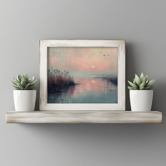 Pale Pink Sunrise Over Reeds And Cattails Tranquil Marsh Wall Art Soft Pastel Lake Scene Moody Landscape