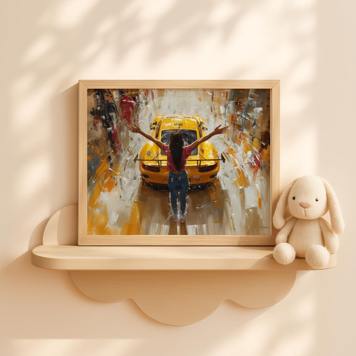 Yellow Race Car With Girl In Rainy City Urban Sports Wall Art High Speed Energy Street Style Decor