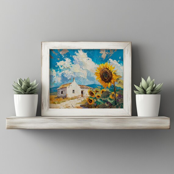 Whitewashed Cottage Sunflower Field Rustic Country Farmhouse Art Poster