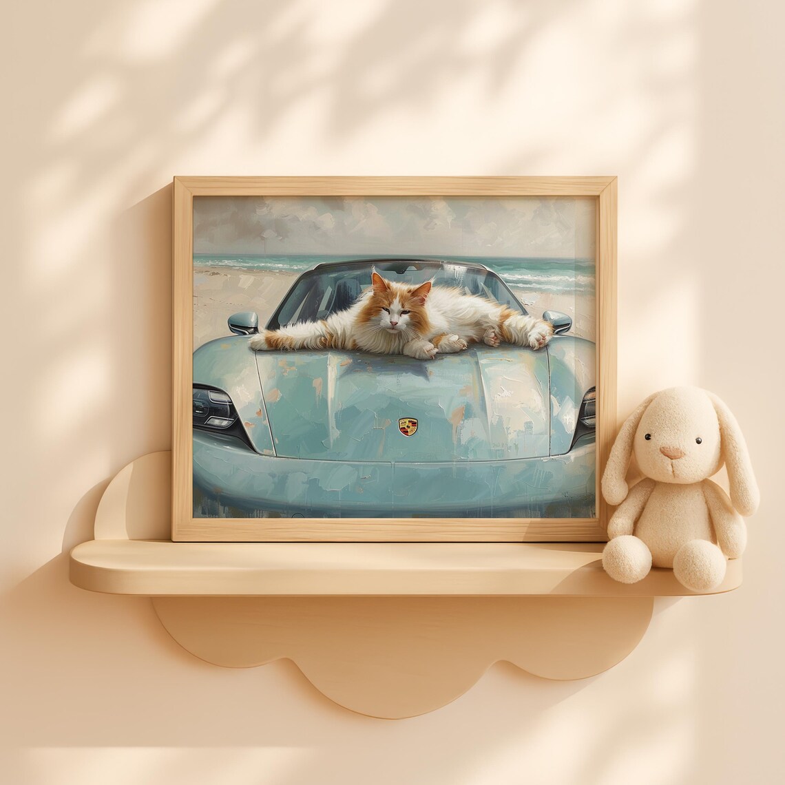 Ragdoll Cat on Porsche Convertible Beach Scene Kids Room Art Wall Print