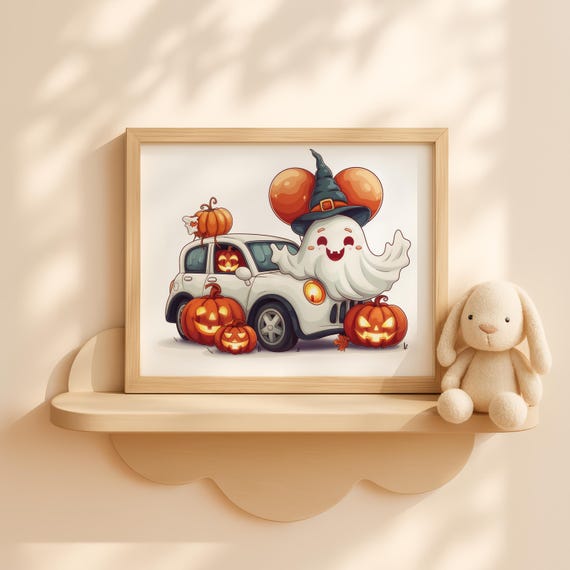 Spooky Halloween Car With Balloons And Pumpkins Art Cute Kids Room Decor Fall Wall