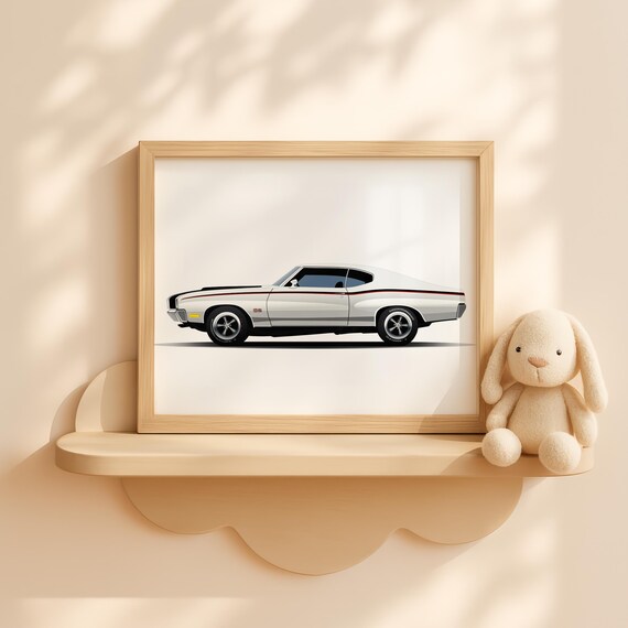 White Classic SS Muscle Car Nursery Poster Vintage Baby Boy Room Decor