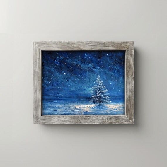 Midnight Lone Tree Under Starry Sky Snowy Night Painting Print