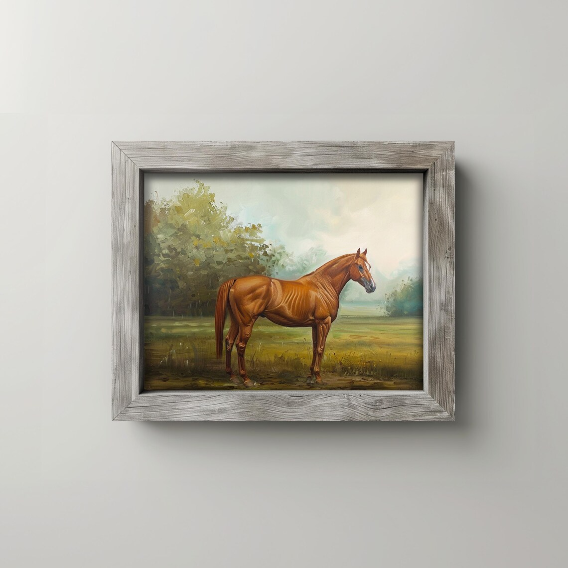 Chestnut Horse Standing In Meadow Rustic Equestrian Oil Print
