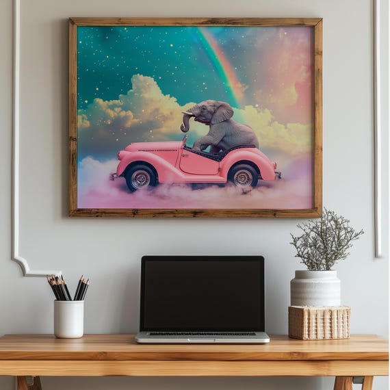 Elephant In Pink Sports Car Print Whimsical Nursery Art