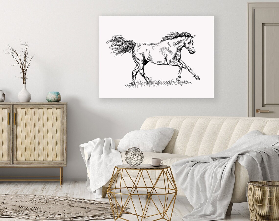 Galloping Horse Running Wild Black and White Ink Sketch Art Poster