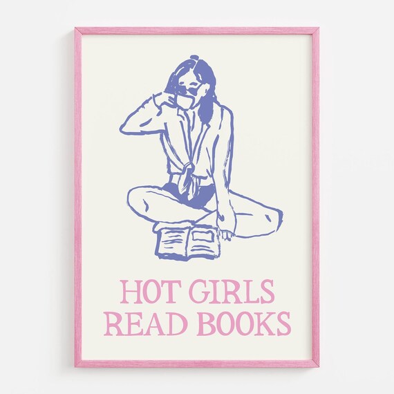 Hot Girls Read Books Pink Blue Woman Reading Line Art Poster For Dorm