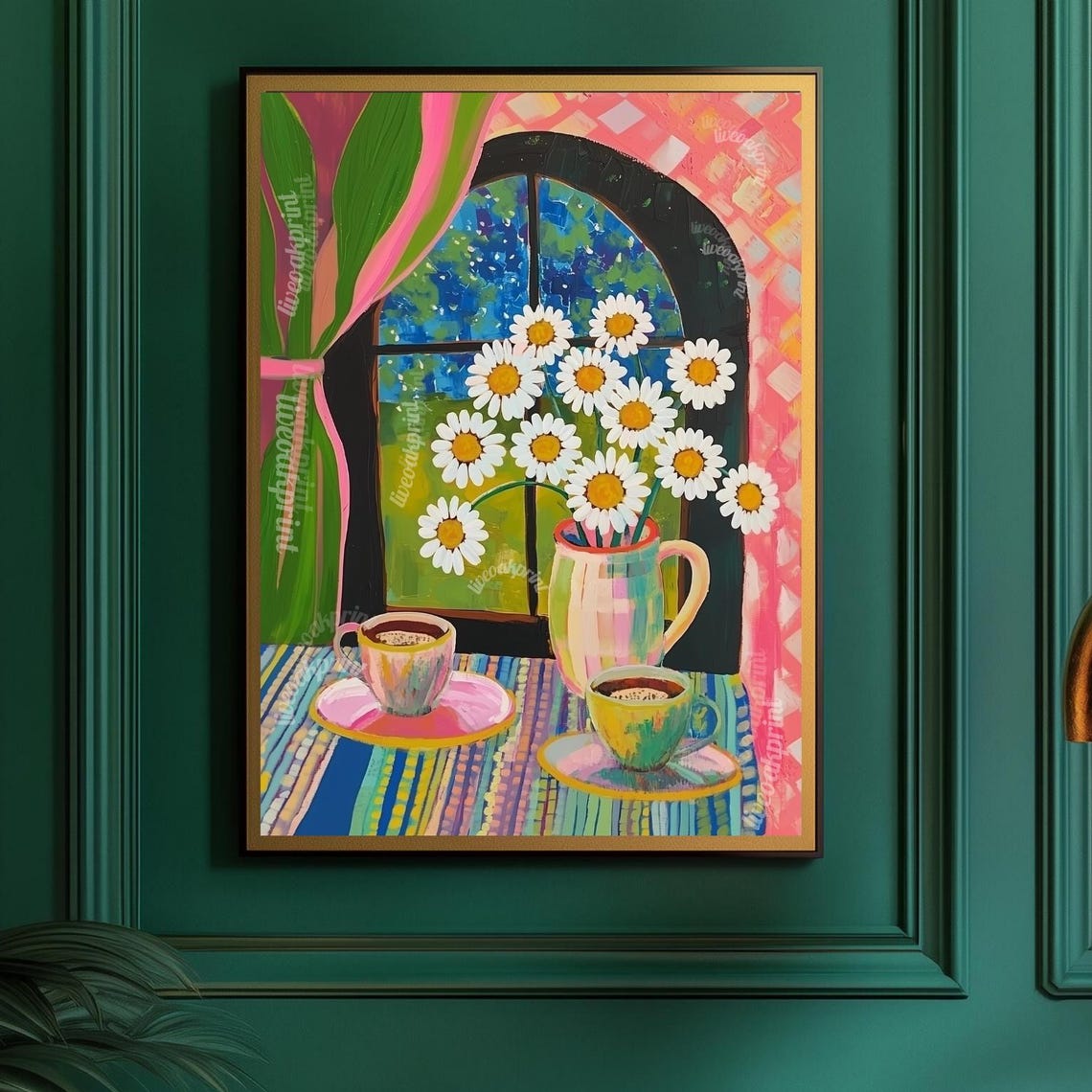 Daisies And Chamomile Tea Set By A Starry Night Window Painting Print