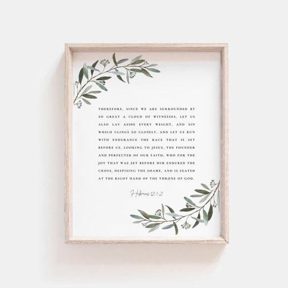 Hebrews 12:1-2 Bible Verse Print, Botanical Scripture