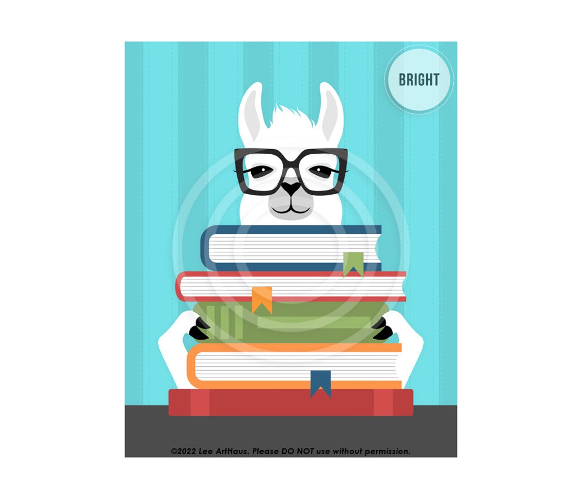 White Llama With Glasses Reading Stack Of Books Cartoon Art Poster - Image 4
