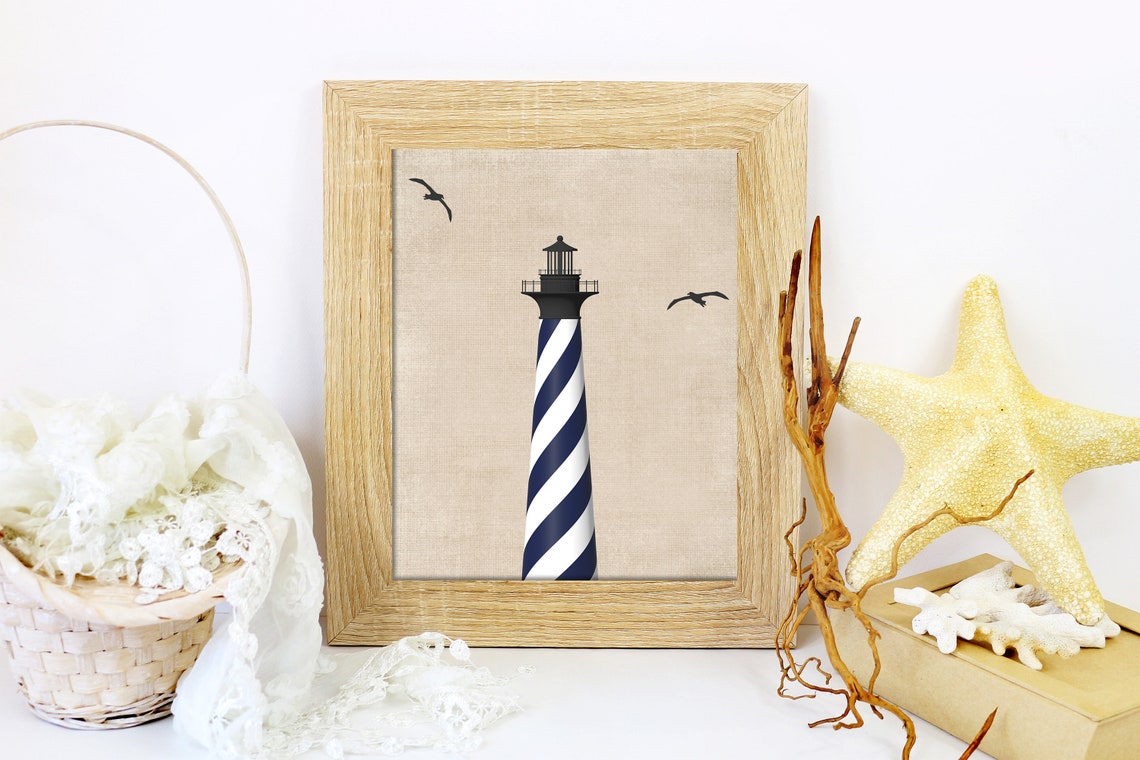 Navy Striped Lighthouse Seagulls Coastal Nautical Beach Art Poster - Image 3