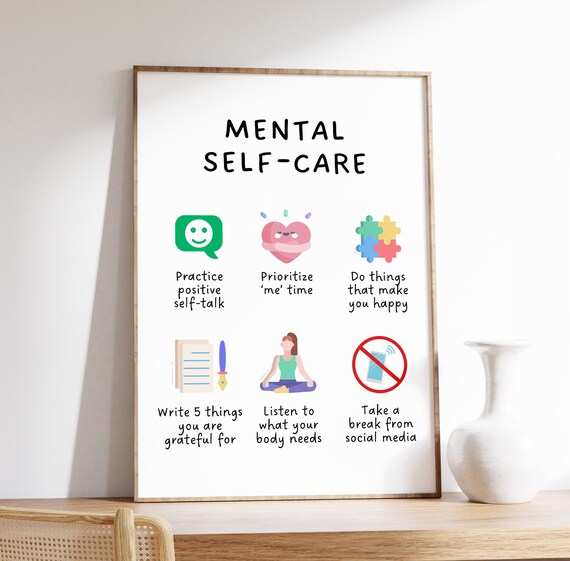 Mental Self-Care Six Icons Wellness Poster for Therapist Office