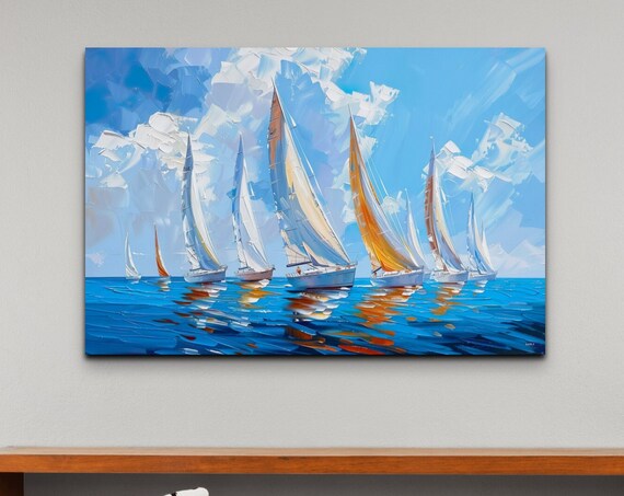 Sailboat Regatta Bright Blue Sea Impasto Sailing Race Poster
