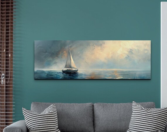Vintage Sailboat Panoramic Artwork, Nautical Art Print