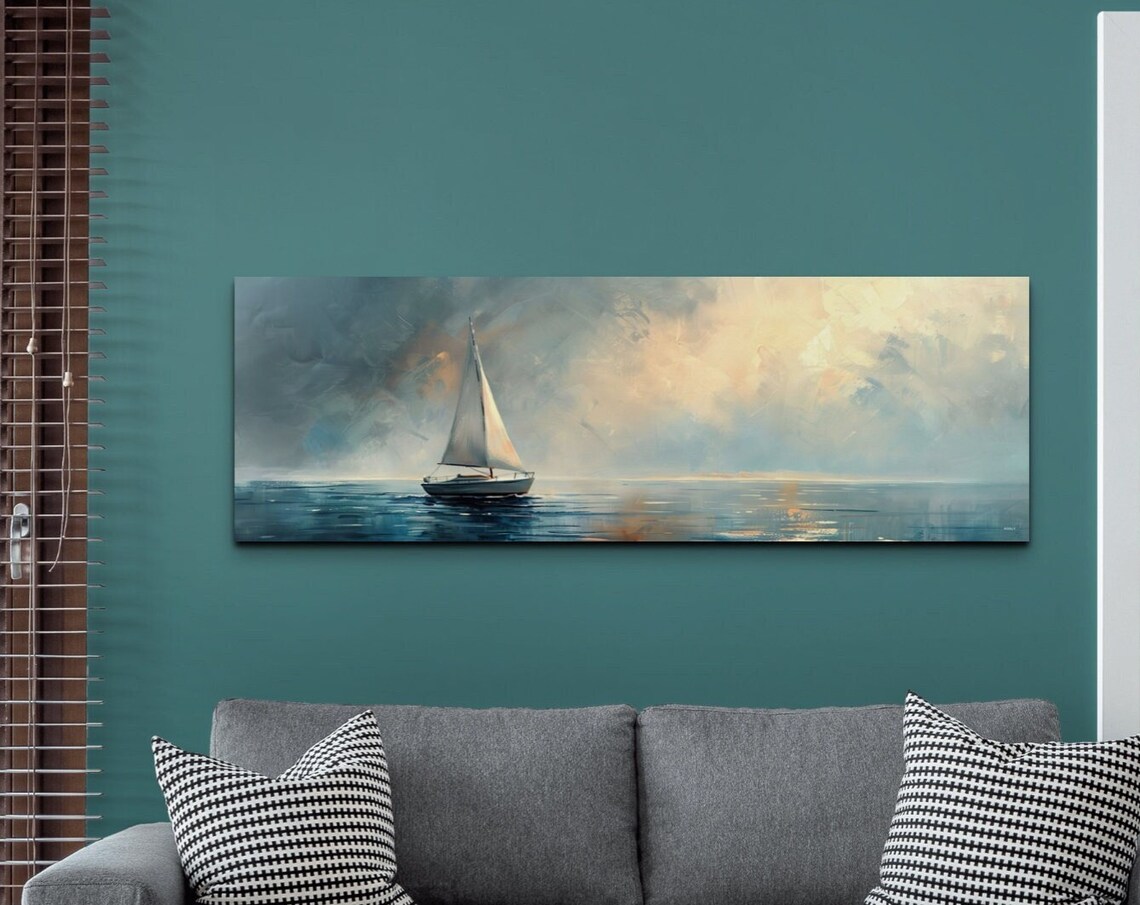 Vintage Sailboat Panoramic Artwork, Nautical Art Print