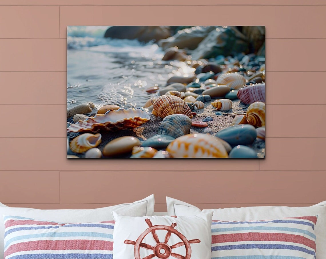 Seashells and Pebbles on Beach Shore with Waves Closeup Wall Art