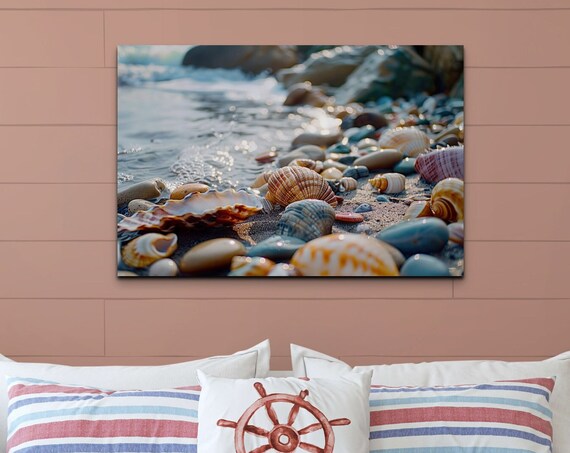 Seashells and Pebbles on Beach Shore with Waves Closeup Wall Art