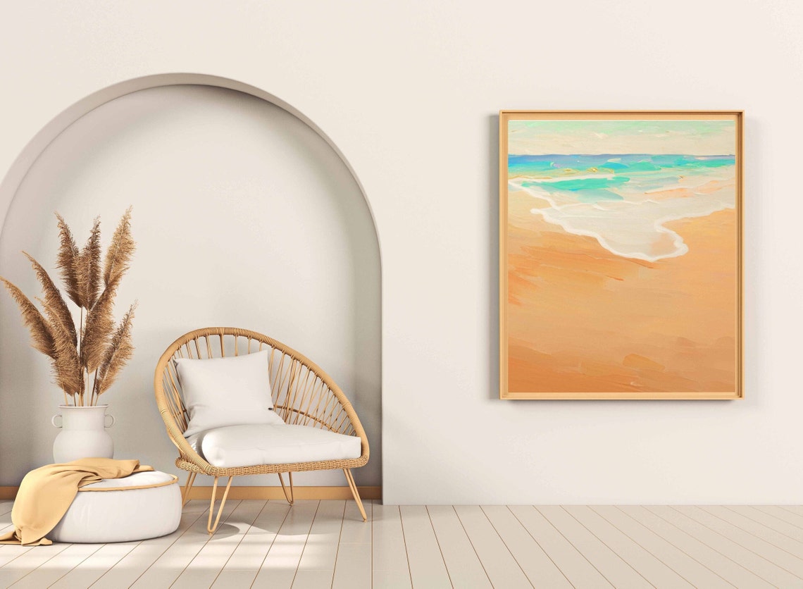 Abstract Coastal Beach Orange Sand Teal Ocean Minimalist Poster - Image 2