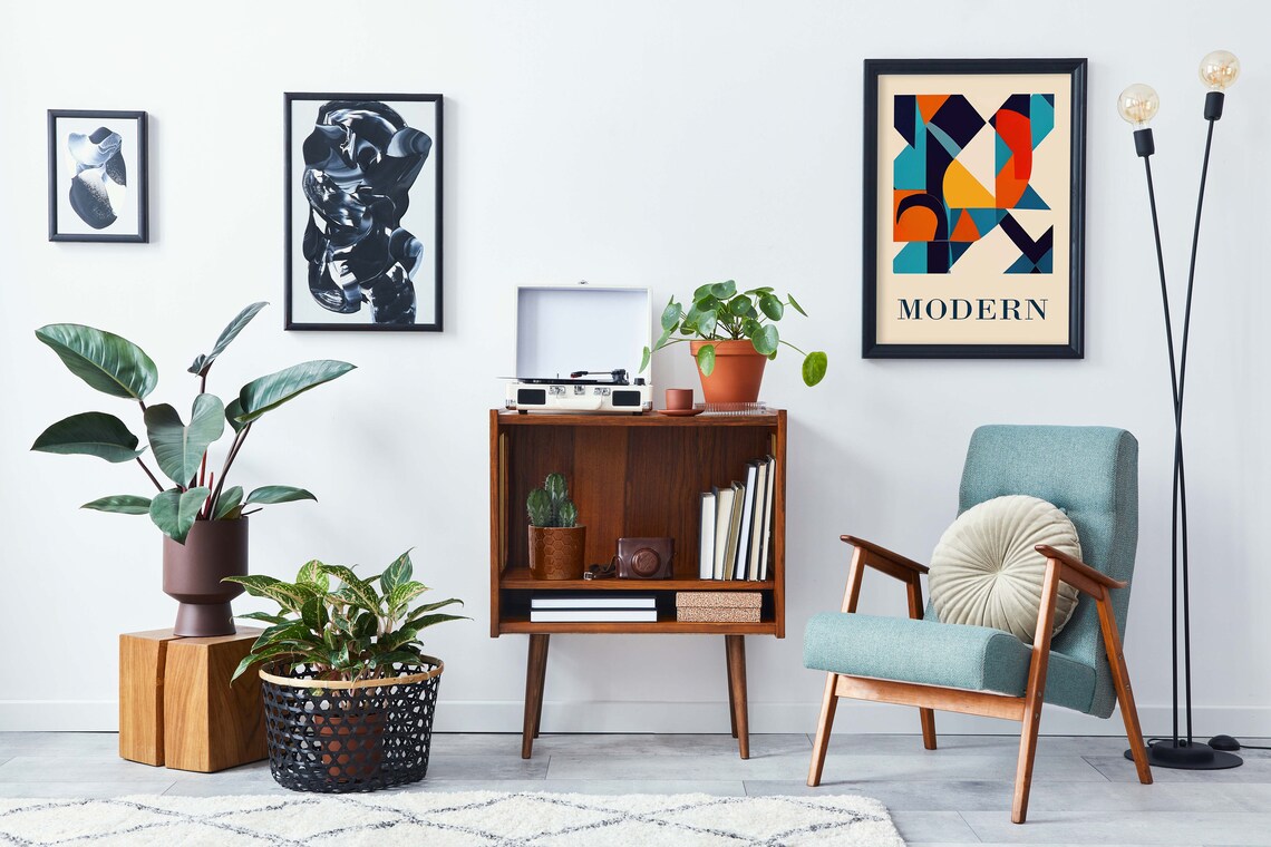 Modern Geometric Abstract Navy Orange Mid Century Bold Art Poster - Image 2