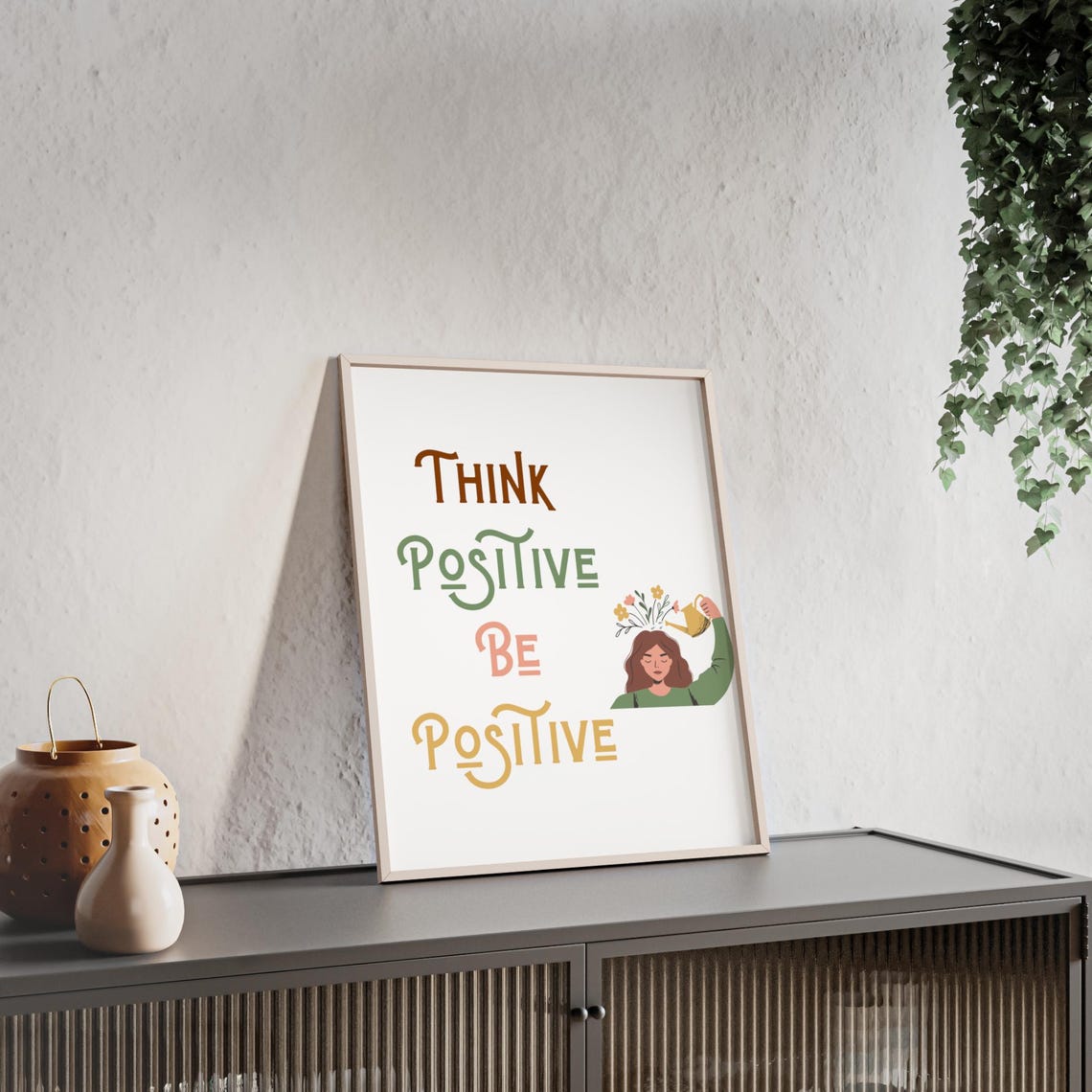 Think Positive Be Positive Girl Watering Flowers Mind Poster