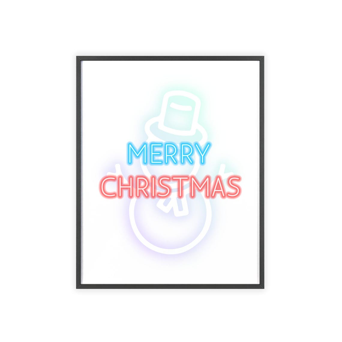 Merry Christmas Neon Sign Snowman Blue Pink Glow Modern Poster