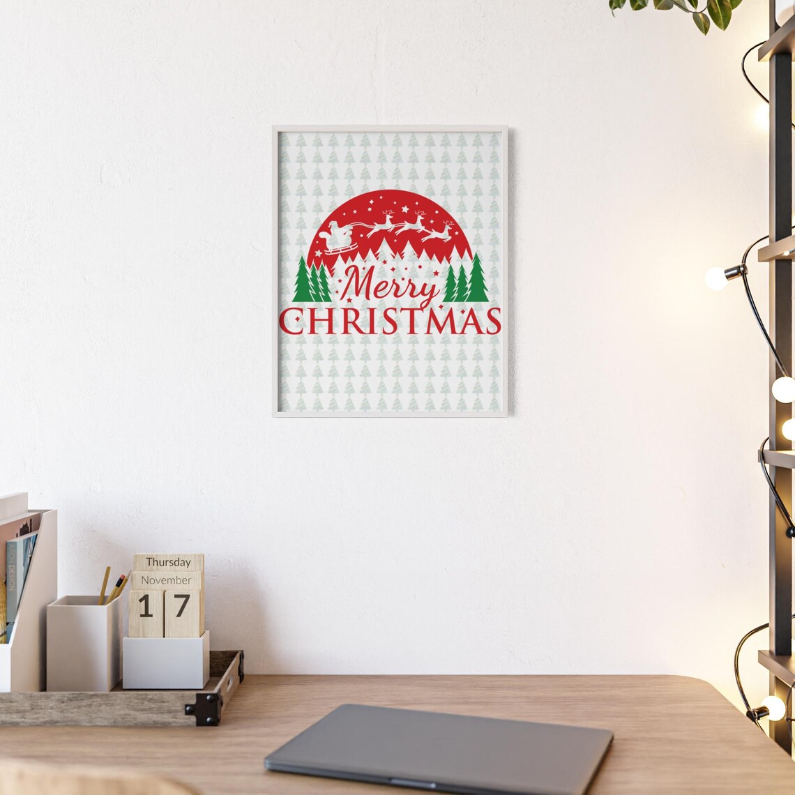 Merry Christmas Santa Sleigh Red Moon Pines Graphic Holiday Poster - Image 2