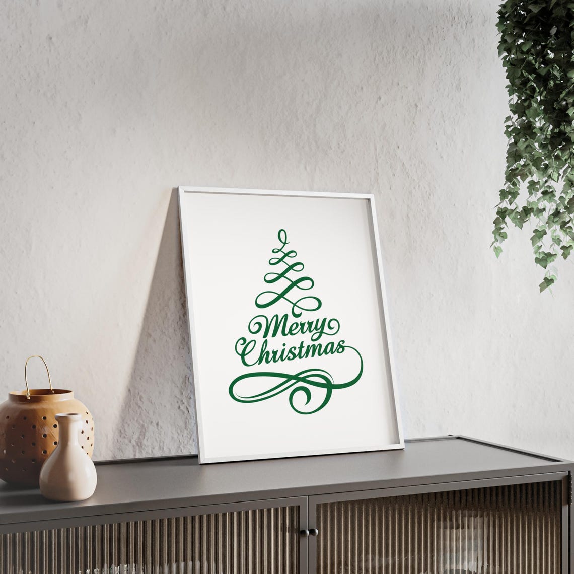 Merry Christmas Green Script Tree Elegant Calligraphy Poster