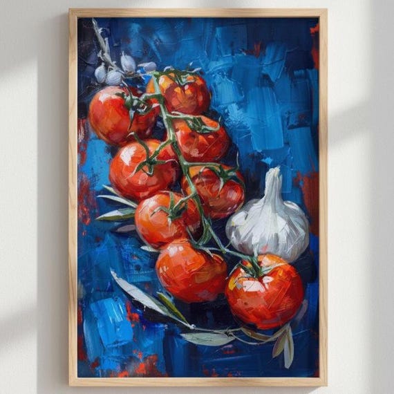 Mediterranean Still Life Print Tomato Garlic Kitchen Art Food And Drink Wall Decor Gift For New Home