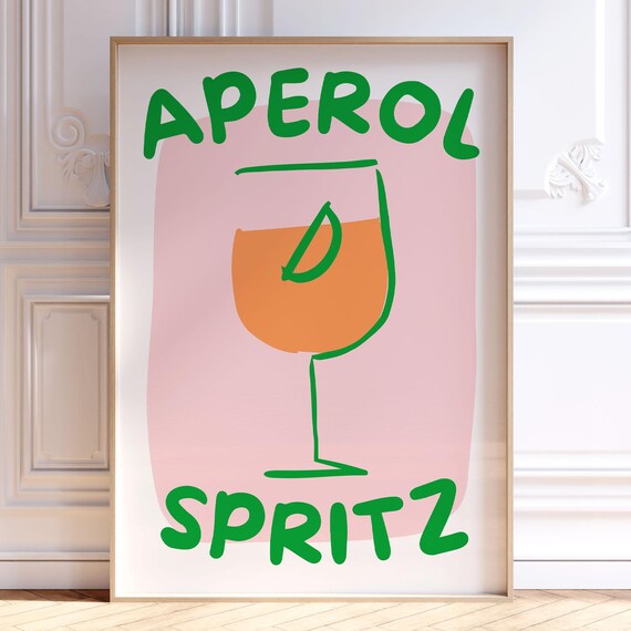 Aperol Spritz Cocktail Glass Retro Bar Cart Pink Illustration Poster
