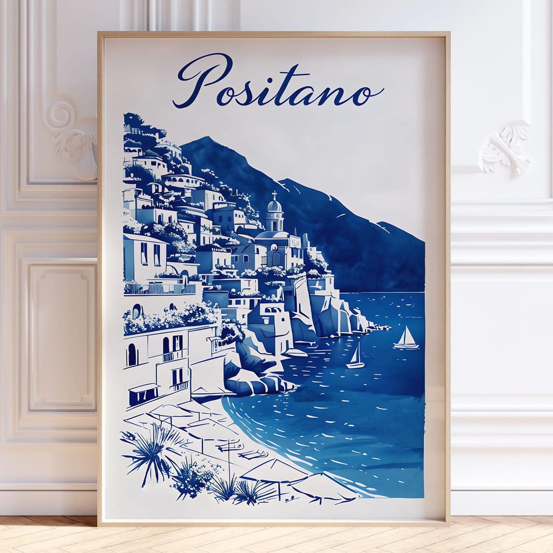 Positano Italy Amalfi Coast Blue Monochrome Watercolor Travel Poster