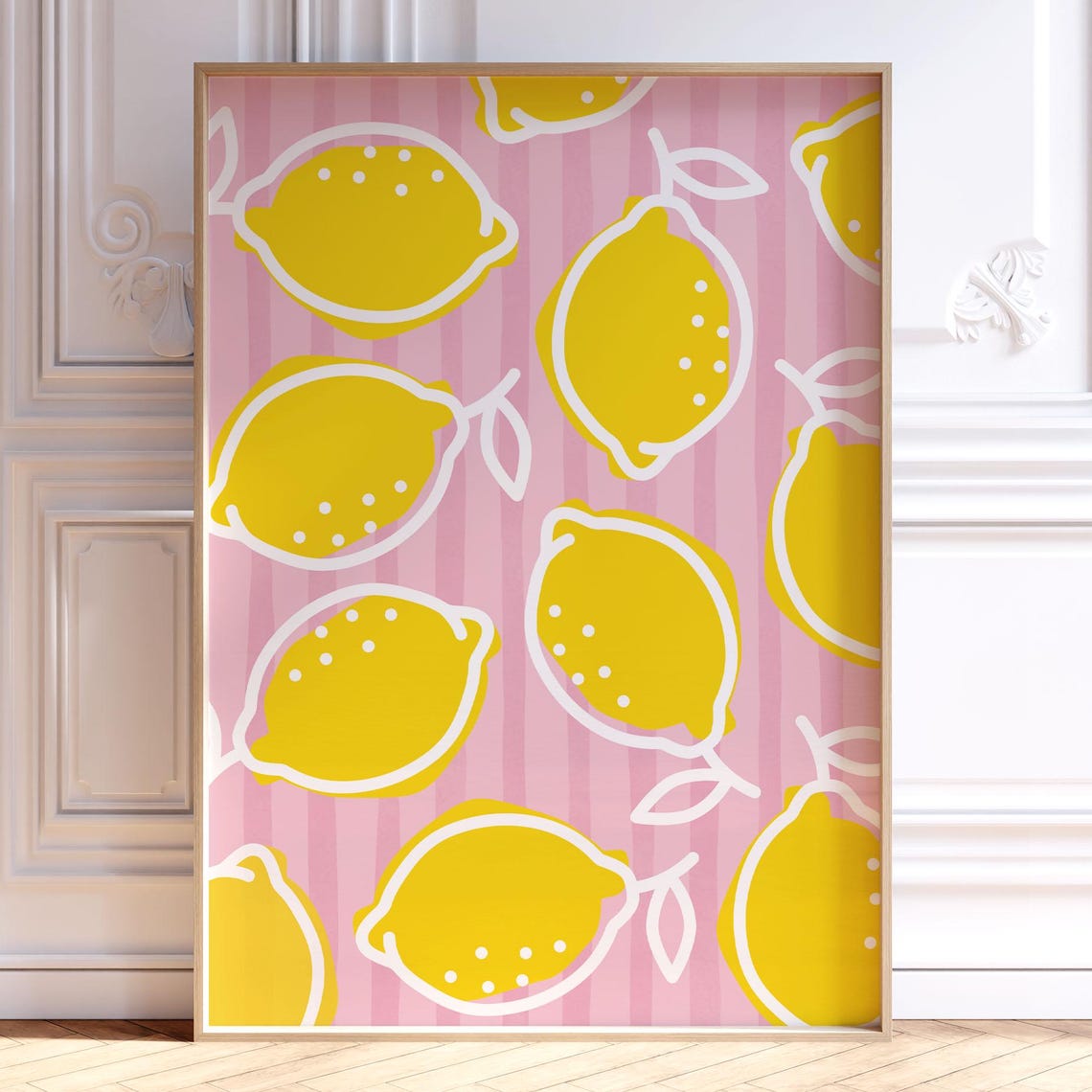 Yellow Lemons Pink Stripes Big Playful Fruit Pattern Cheerful Wall Art