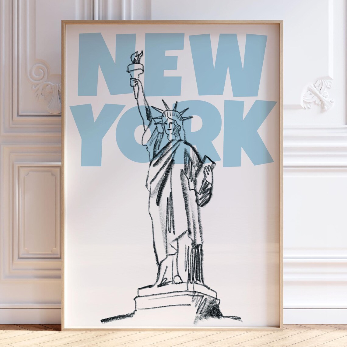 New York Statue of Liberty Sketch Light Blue Retro Travel Art Poster