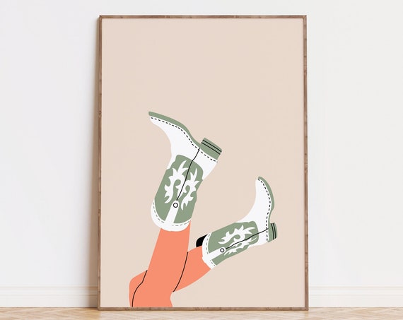 Sage Cowgirl Boots Art Print Preppy Wall Poster Trendy Western Bedroom Decor Rodeo Girly