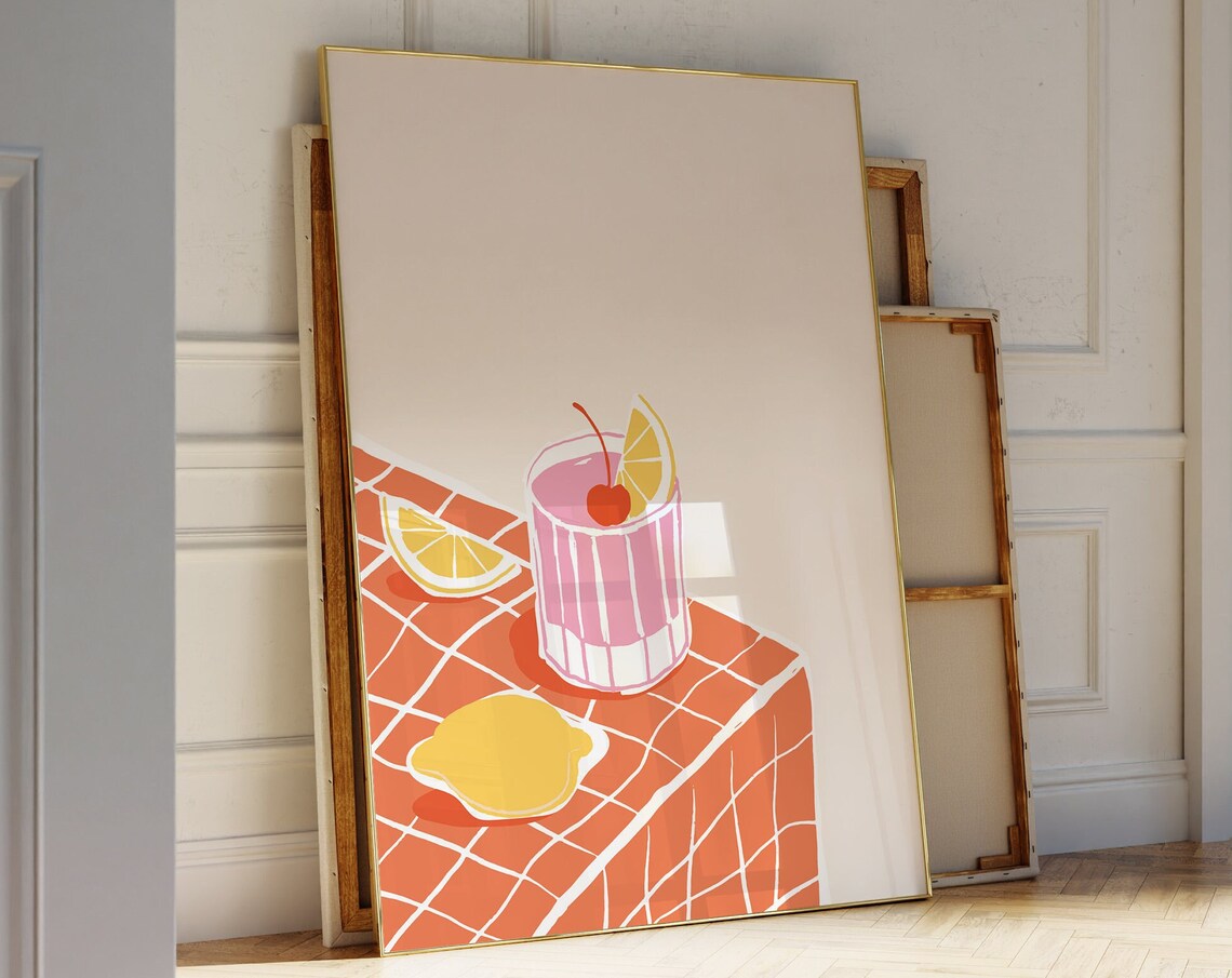 Cocktail Print, Blue Checkered Retro Bar Cart Art