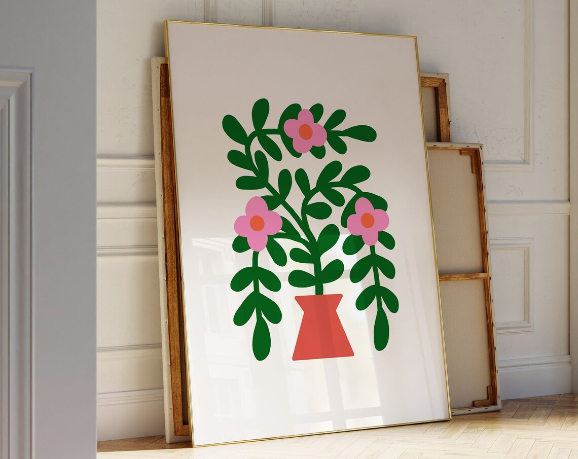 Minimalist Pink Flowers in Red Vase With Green Leaves Botanical Print