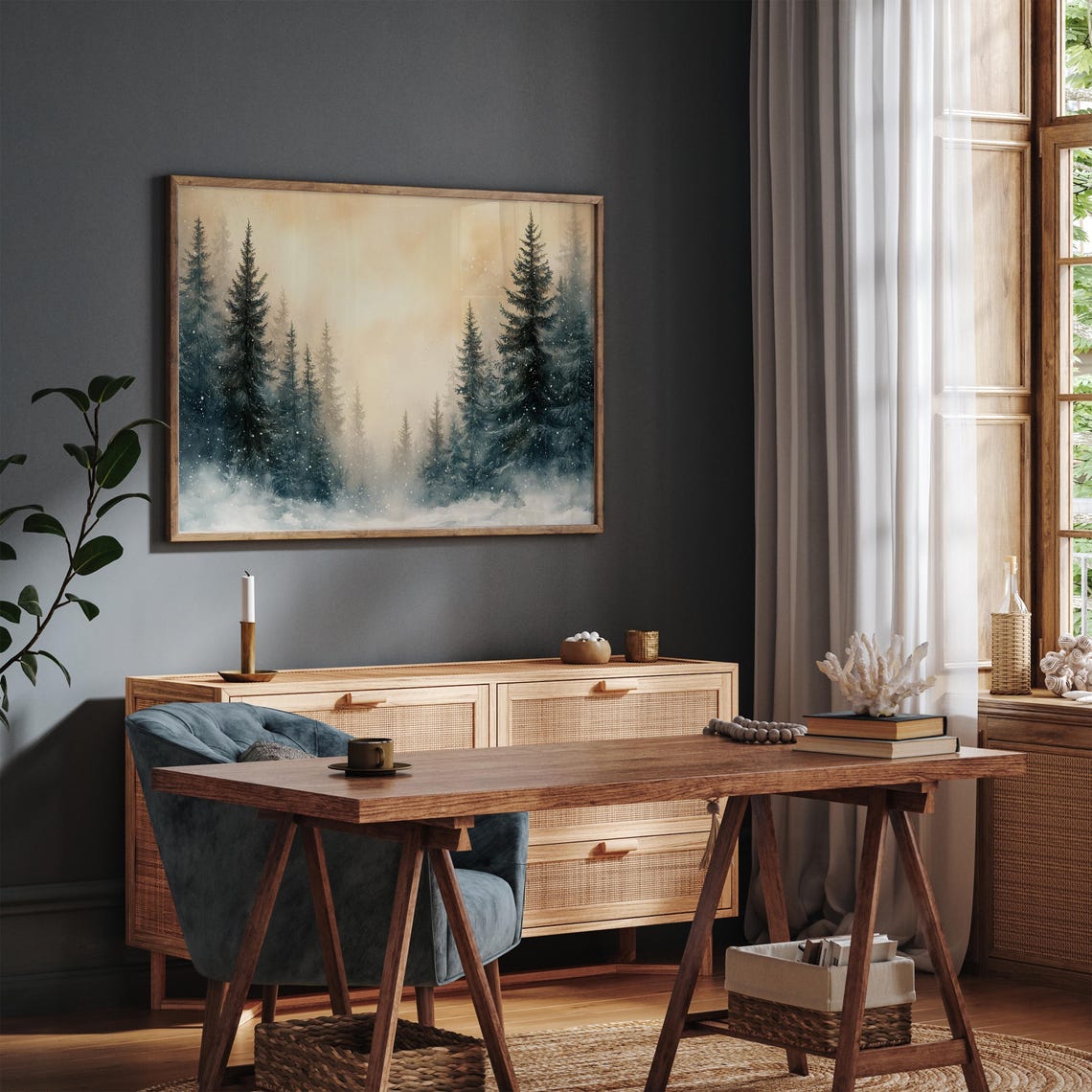 Tall Pines in Snowy Mist With Golden Sky Vintage Frame TV Art Poster - Image 3