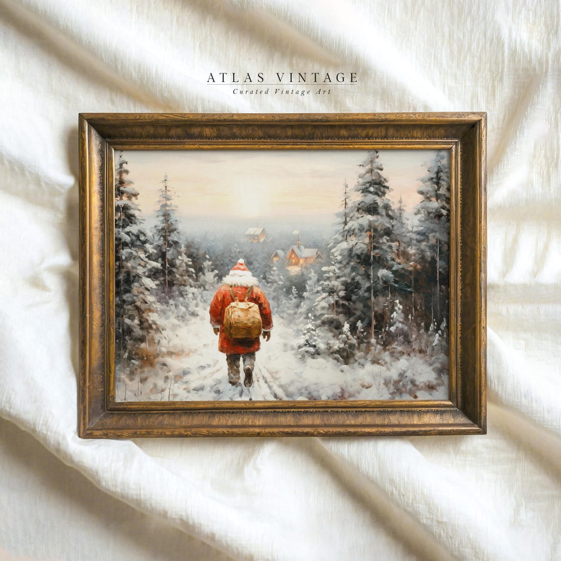 Santa Claus Christmas Poster Snowy Forest Walk Vintage Winter Scene