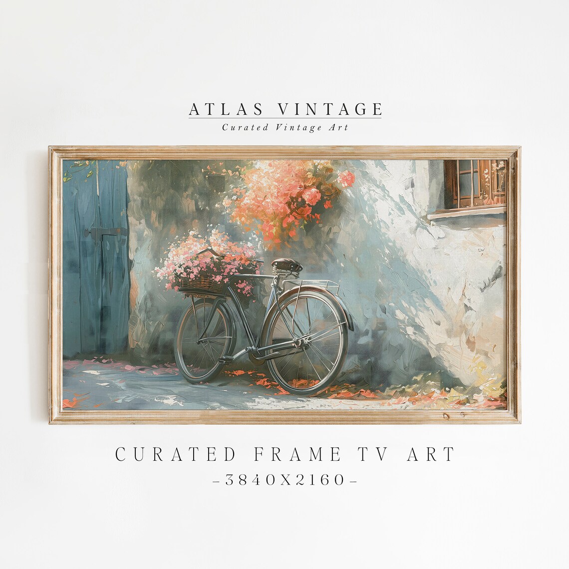 Vintage Bicycle with Flower Basket European Street Painting Poster